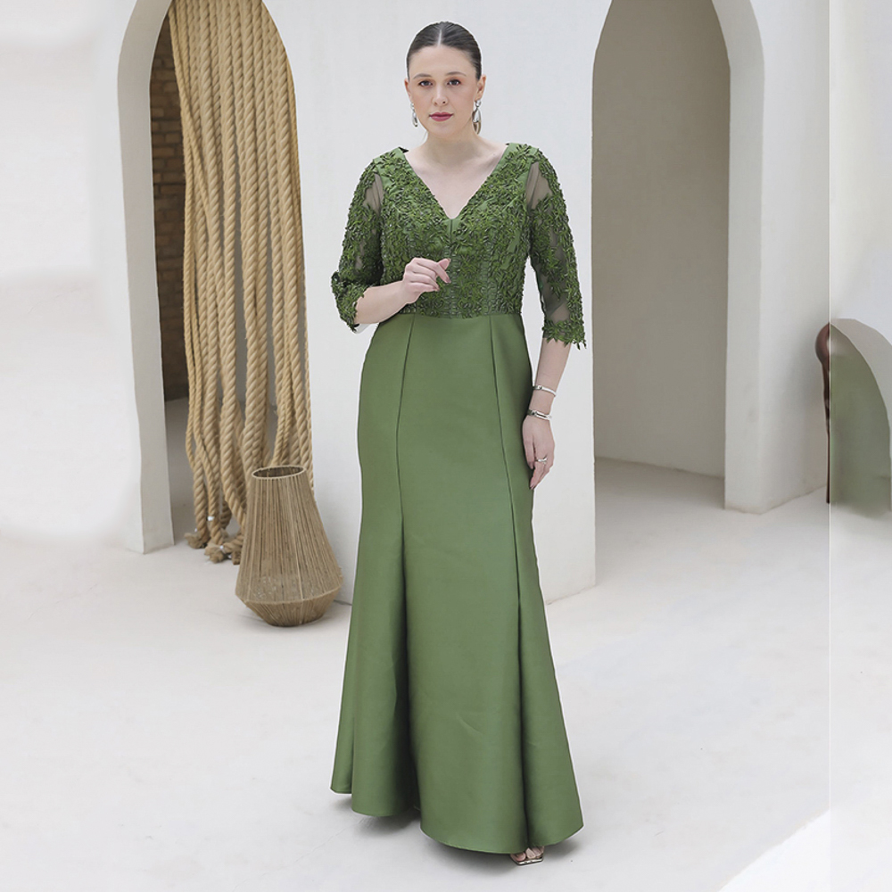 6149 - Vestido Genevi Zibeline busto e manga bordada e saia sereia - 44 46 48 - Oliva - Image 3